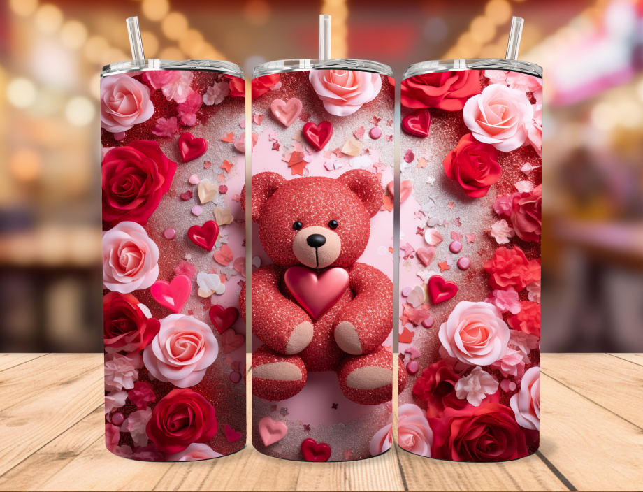 Tumbler - Valentine bear and roses